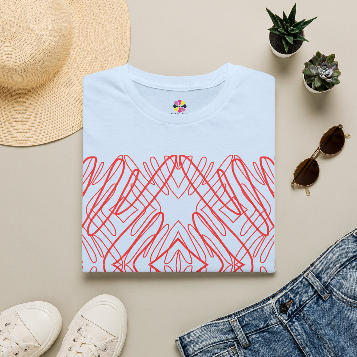 Geometric Line Art Tee — Pink Symmetry Graphic T-Shirt