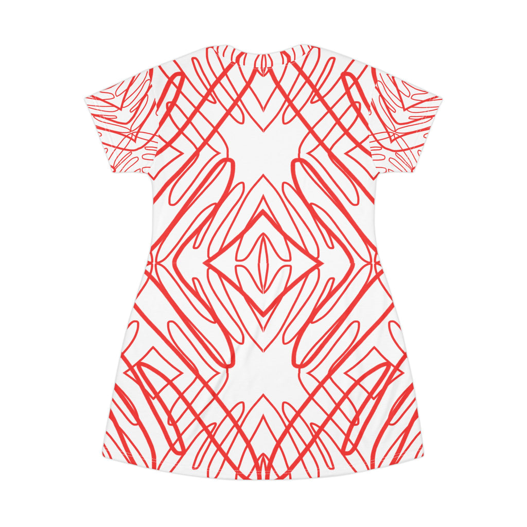 Red Scribble Pattern T-Shirt Dress — All-Over Print Casual Summer Dress