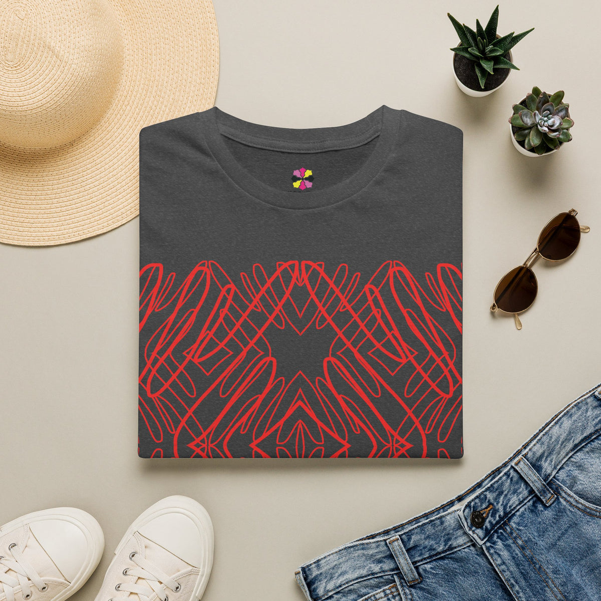 Geometric Line Art Tee — Pink Symmetry Graphic T-Shirt
