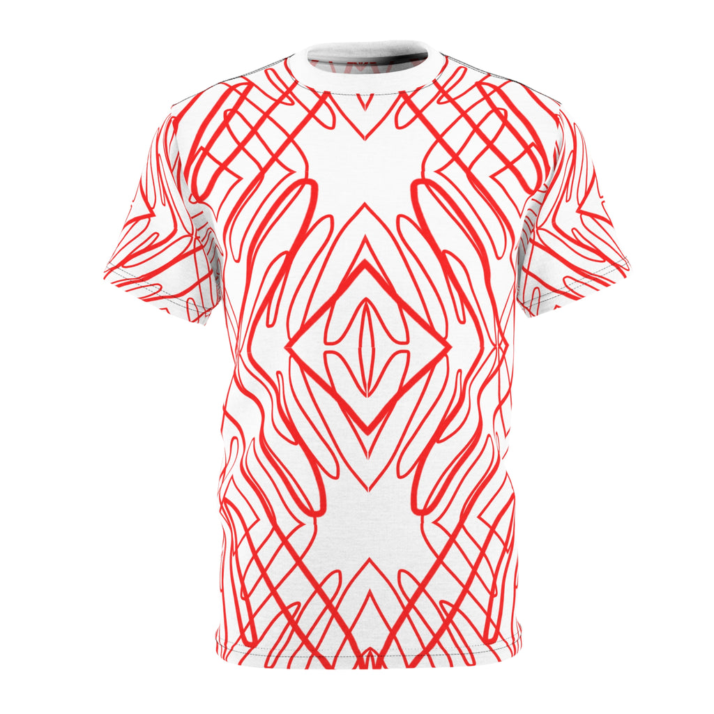 Red Scribble Kaleidoscope Tee — Abstract All-Over Print Shirt