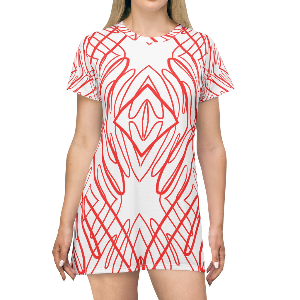 Red Scribble Pattern T-Shirt Dress — All-Over Print Casual Summer Dress