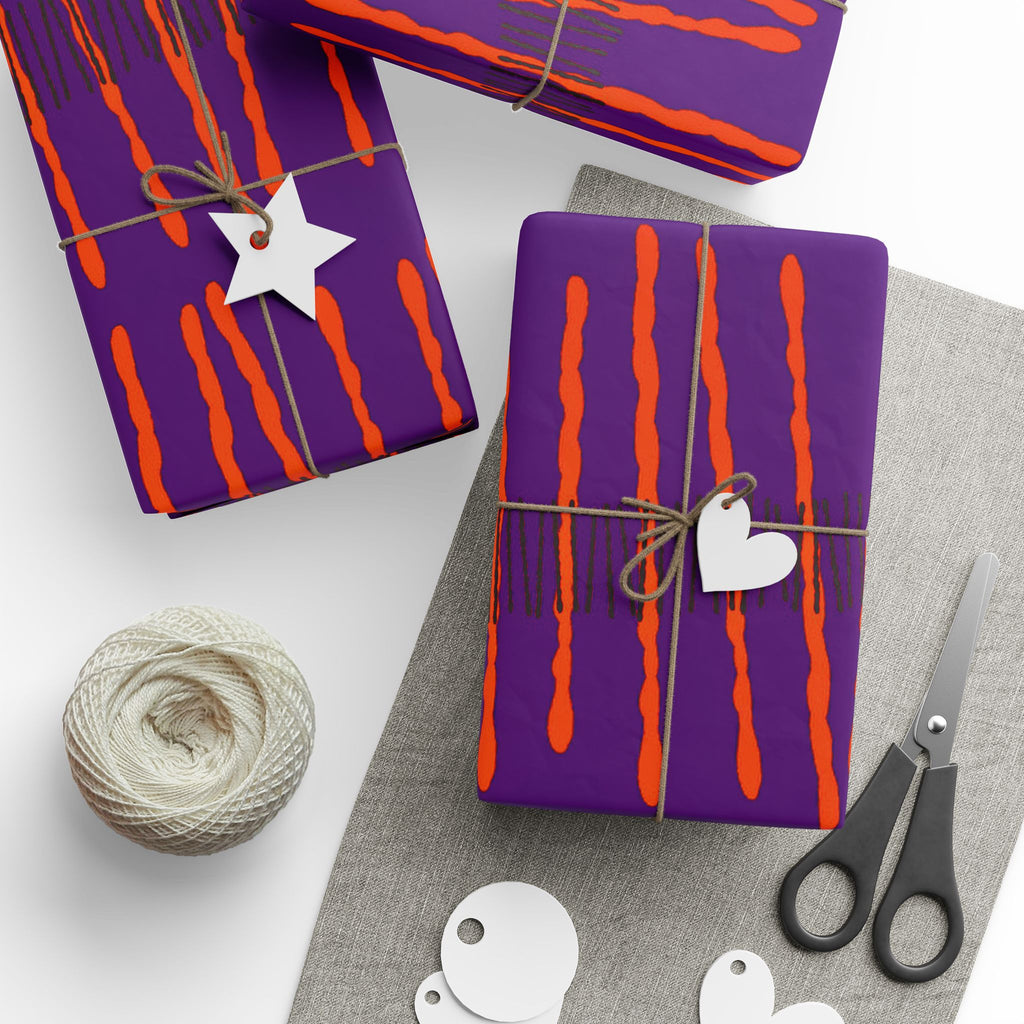Papel de regalo con rayas onduladas vibrantes: envoltorio abstracto morado y naranja