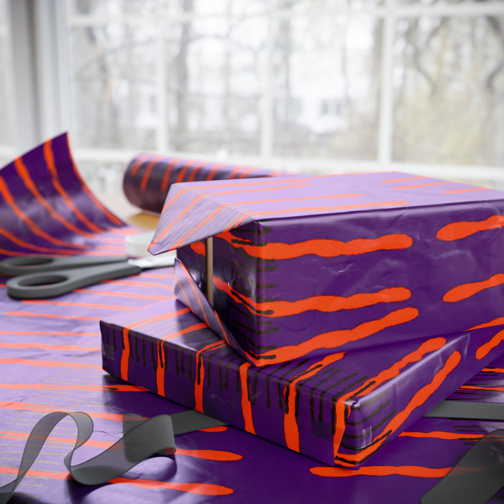Papel de regalo con rayas onduladas vibrantes: envoltorio abstracto morado y naranja