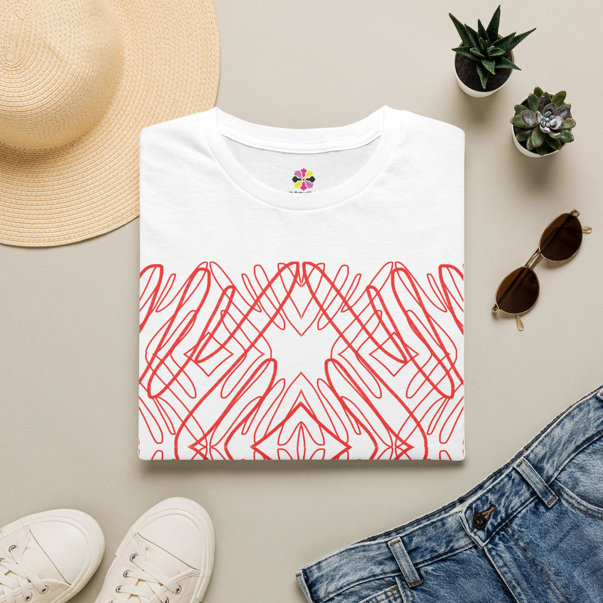 Geometric Line Art Tee — Pink Symmetry Graphic T-Shirt