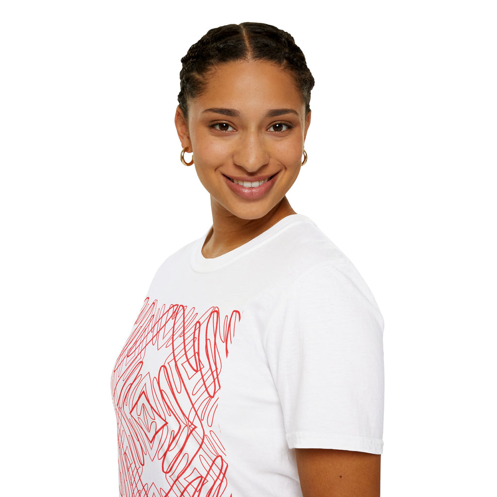 Geometric Line Art Tee — Pink Symmetry Graphic T-Shirt