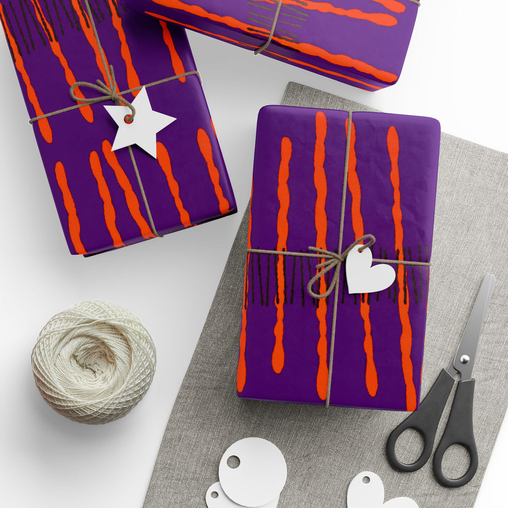 Papel de regalo con rayas onduladas vibrantes: envoltorio abstracto morado y naranja