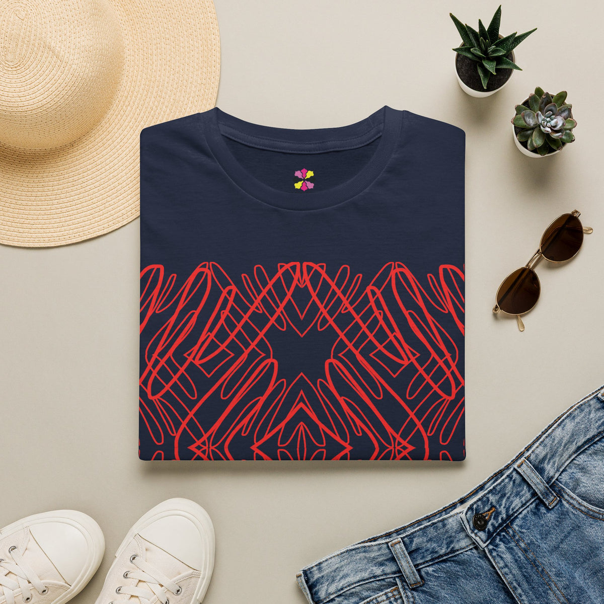 Geometric Line Art Tee — Pink Symmetry Graphic T-Shirt
