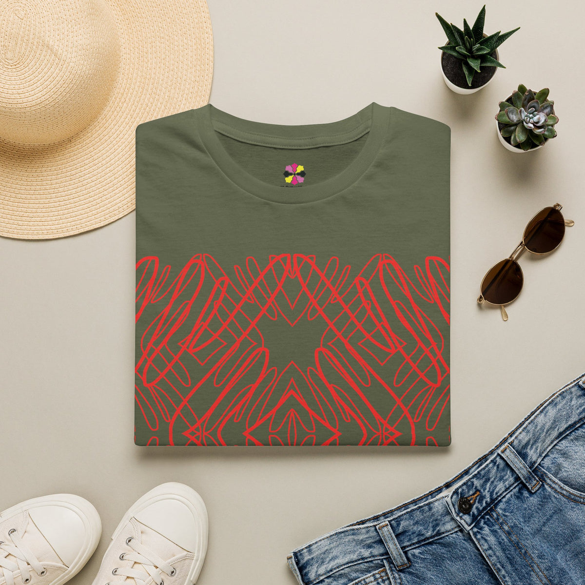 Geometric Line Art Tee — Pink Symmetry Graphic T-Shirt