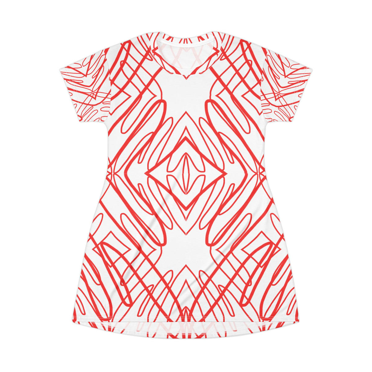 Red Scribble Pattern T-Shirt Dress — All-Over Print Casual Summer Dress