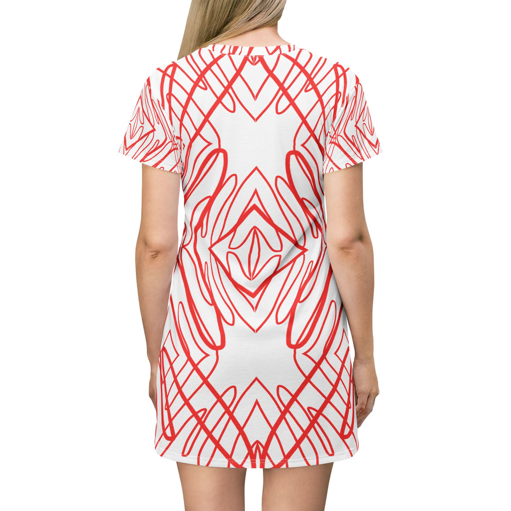Red Scribble Pattern T-Shirt Dress — All-Over Print Casual Summer Dress