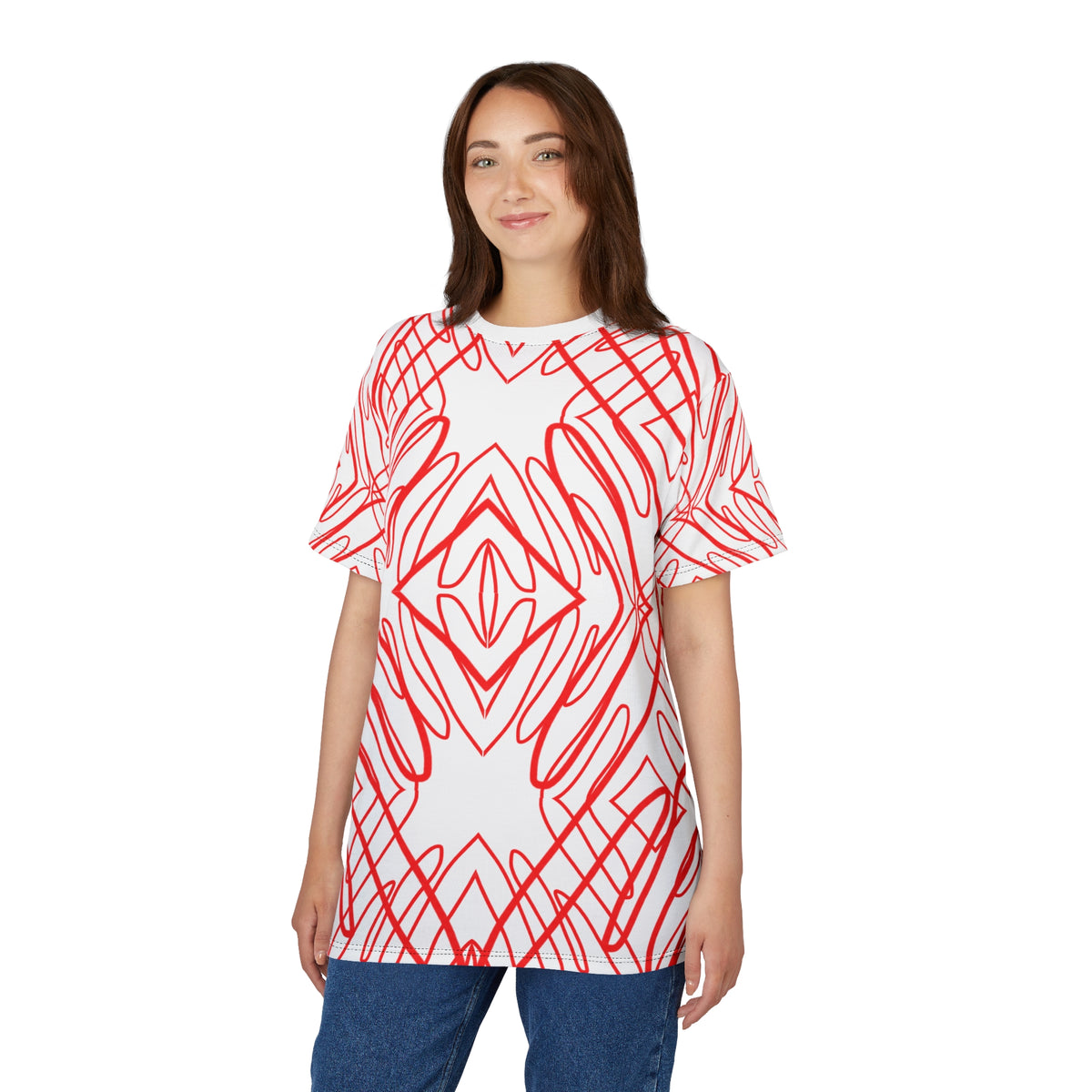 Red Scribble Kaleidoscope Tee — Abstract All-Over Print Shirt