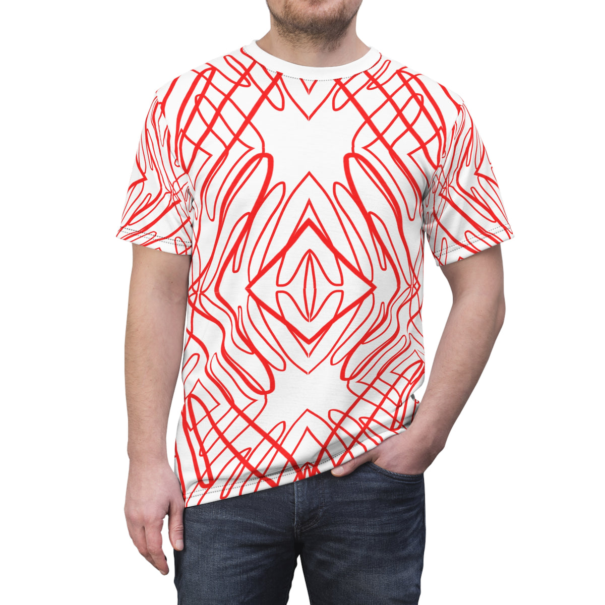 Red Scribble Kaleidoscope Tee — Abstract All-Over Print Shirt