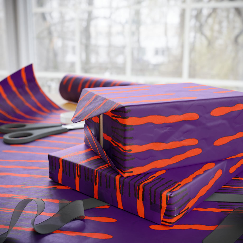 Papel de regalo con rayas onduladas vibrantes: envoltorio abstracto morado y naranja