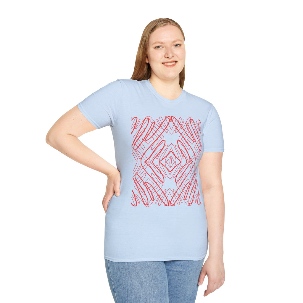 Geometric Line Art Tee — Pink Symmetry Graphic T-Shirt