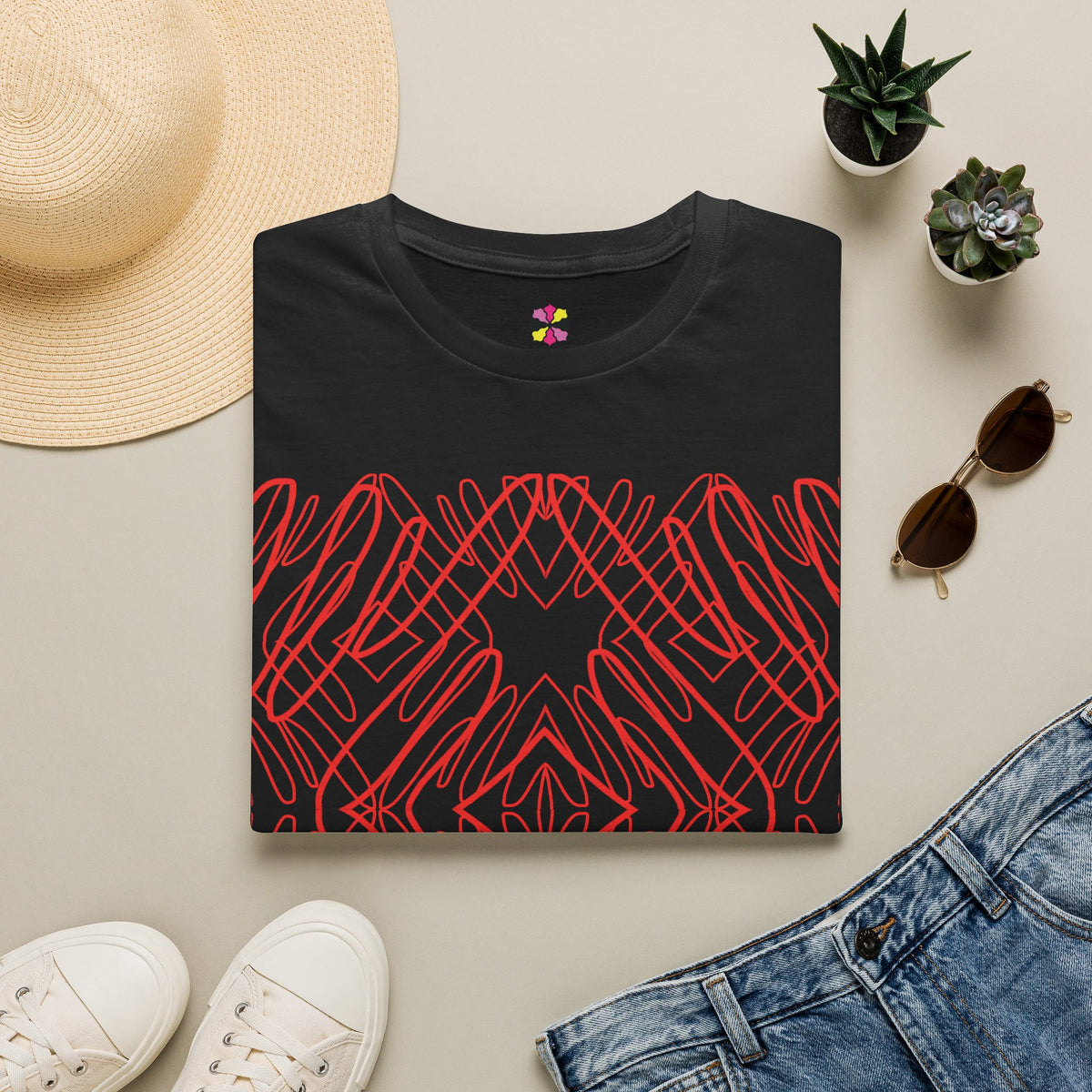Geometric Line Art Tee — Pink Symmetry Graphic T-Shirt