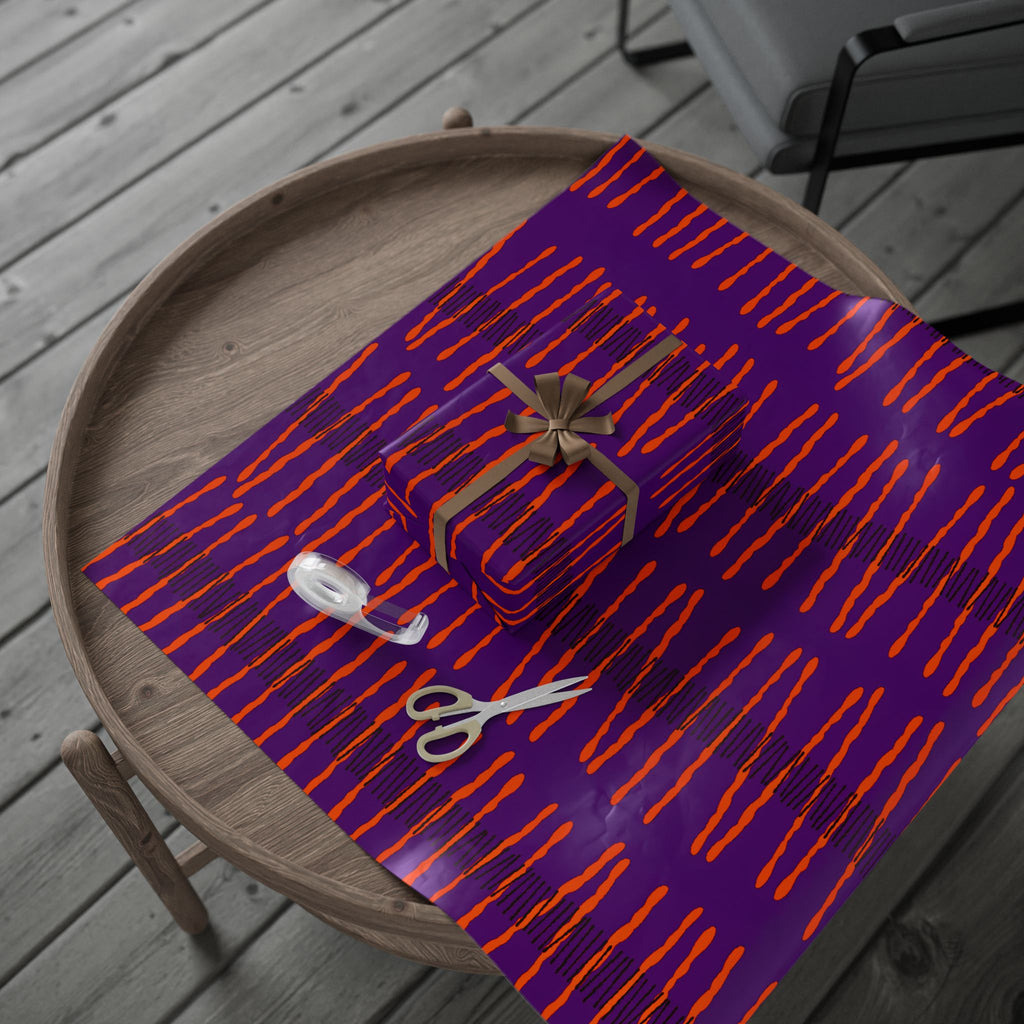 Papel de regalo con rayas onduladas vibrantes: envoltorio abstracto morado y naranja